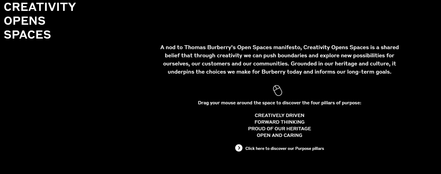 Screenshot of a website section titled "Creativity Opens Spaces" listing four pillars of purpose with an interactive prompt.