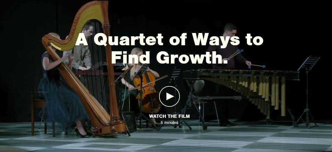Video thumbnail showing musicians with a harp and xylophone, titled "A Quartet of Ways to Find Growth", with a play button