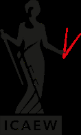 ICAEW logo, a silhouette of a woman holding a staff and scales, with red annotations highlighting her arm.
