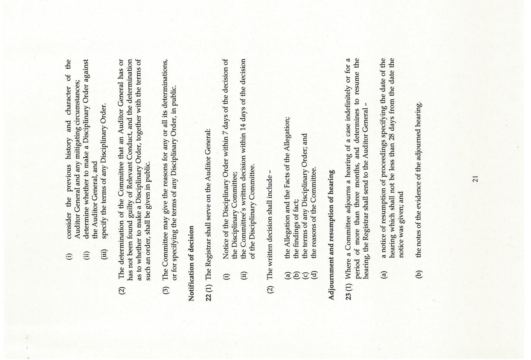 Page 21 of a legal document outlining disciplinary procedures decisions and written content requirements