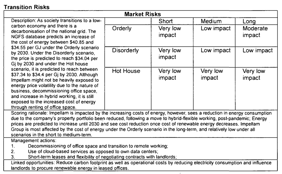 Table detailing market risks and their impacts across short, medium, and long terms under orderly, disorderly, and hot house scenarios, with descriptive text.
