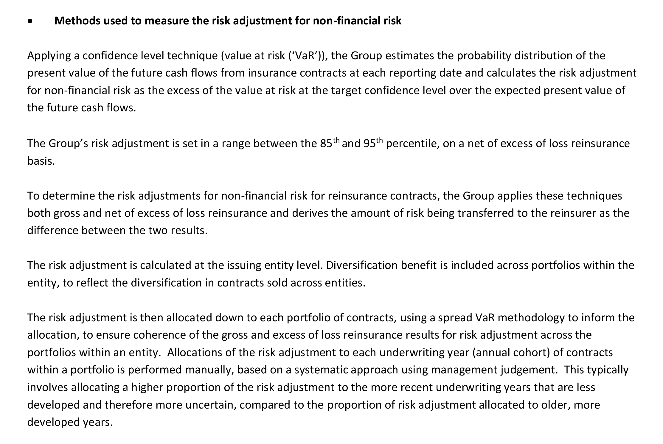 Text detailing methods used to measure risk adjustment for non-financial risk, including confidence level techniques.