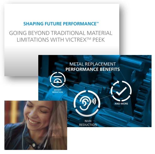 Collage of a document title and an infographic showing metal replacement performance benefits, including weight reduction and NVH reduction