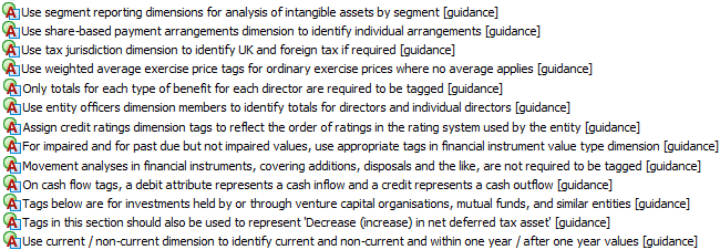 List of thirteen guidance points or rules for data tagging and reporting, covering areas such as financial instruments, cash flow attributes, and entity dimensions.