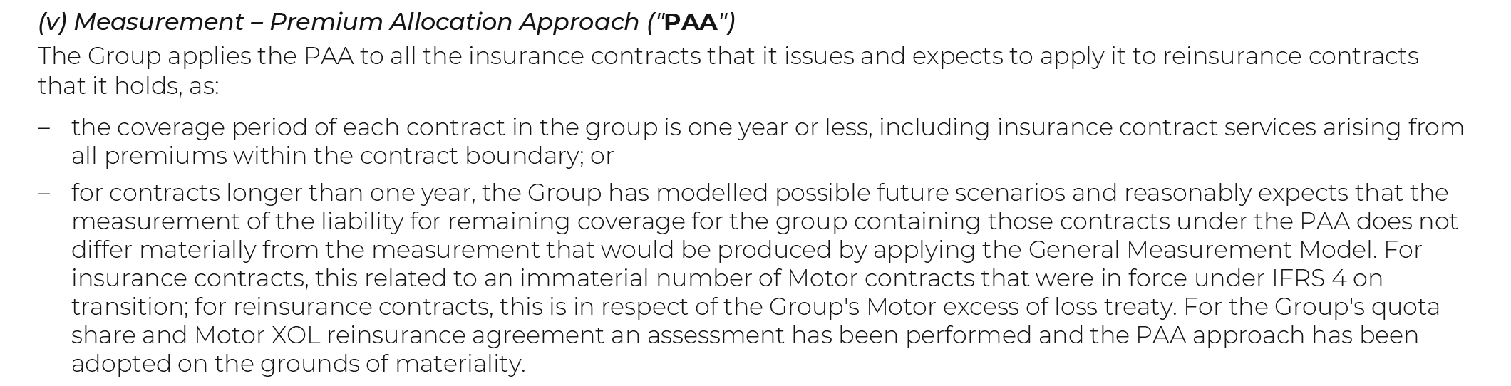 Text explaining the Premium Allocation Approach (PAA) for insurance and reinsurance contracts.