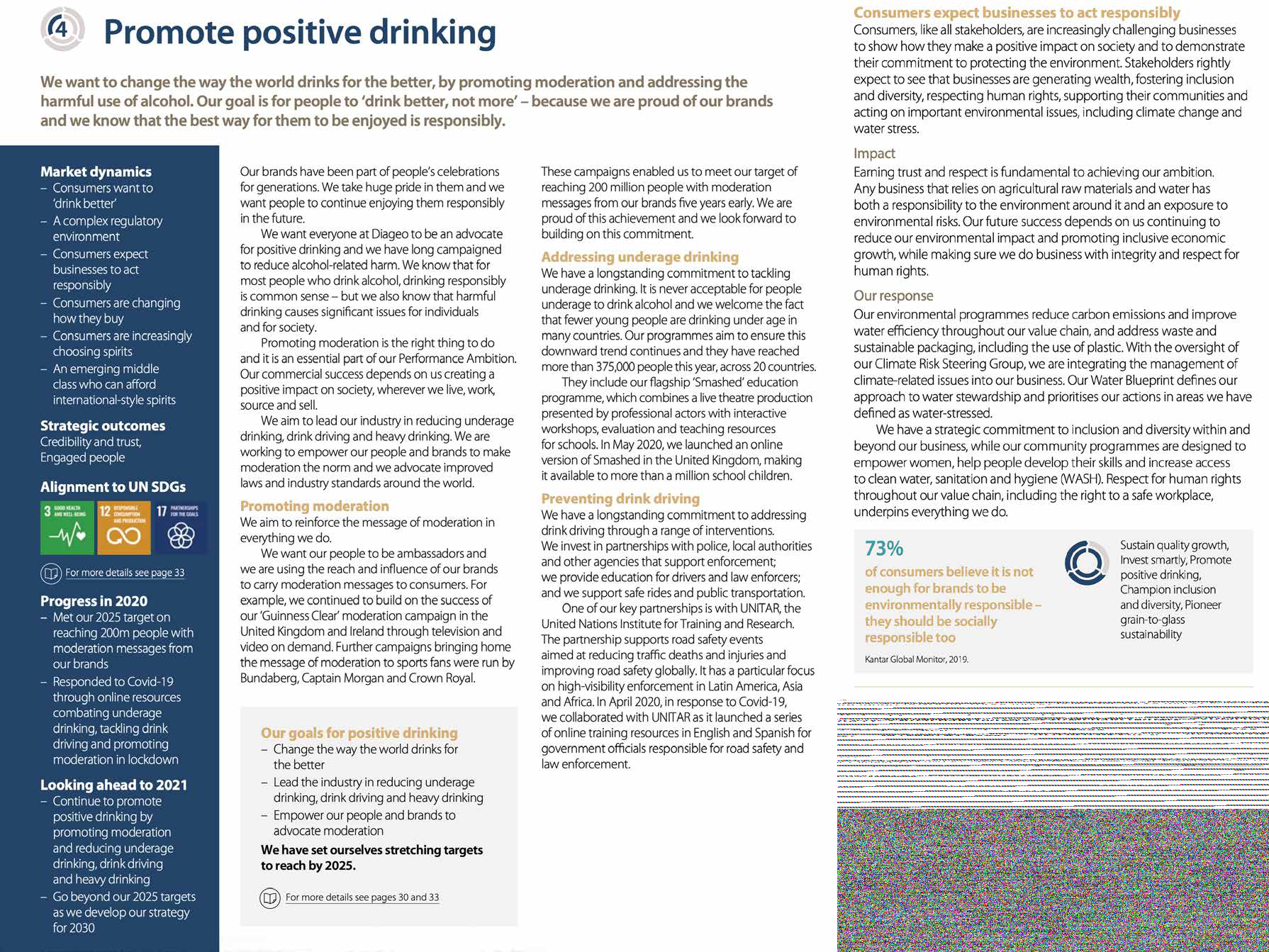 Section of a report page displaying alignment to UN Sustainable Development Goals 3, 12, and 17, and a visual summary of 73% consumer belief in social responsibility, listing five key principles.