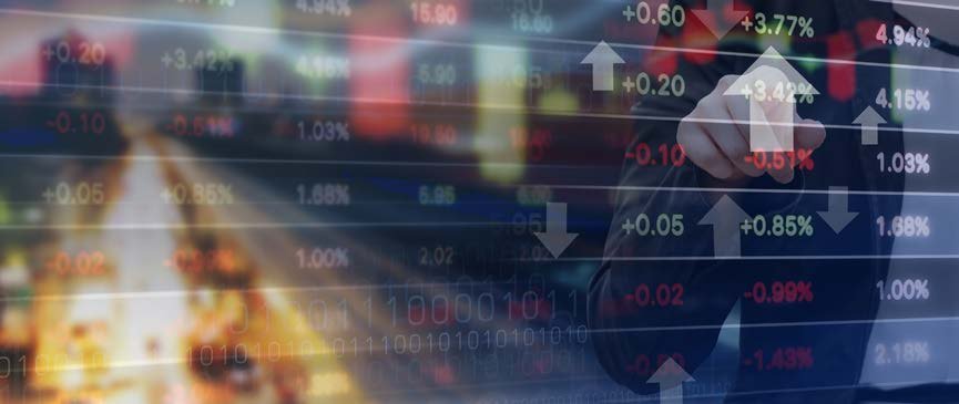 Overlay of financial data with percentages, up/down arrows, and a hand interacting with a digital interface, representing market analysis.