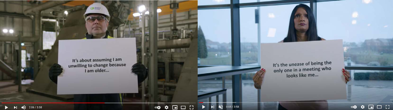 Screenshot from a video showing two people holding signs with text about workplace assumptions and identity.