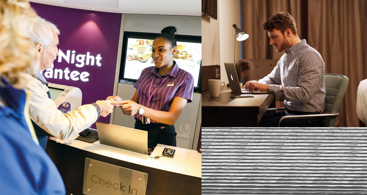 Left: A hotel employee assists a guest at a check-in desk. Right: A man works on a laptop in a hotel room.