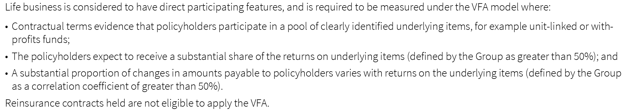 Text outlining conditions and criteria for measuring life business under the Variable Fee Approach (VFA) model.