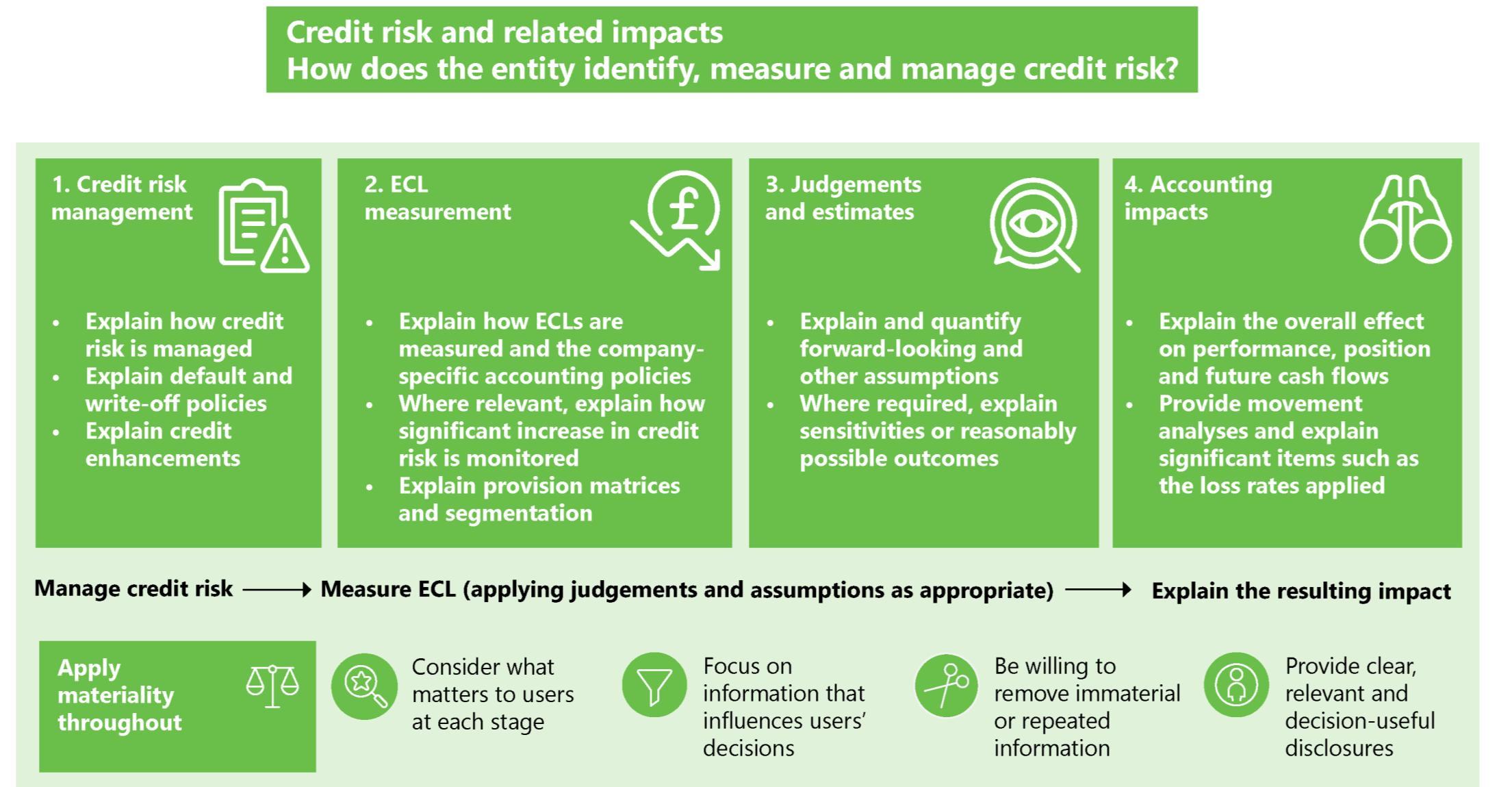 Infographic outlining the process for identifying, measuring, and managing credit risk, including ECL measurement, judgements, accounting impacts, and materiality application.