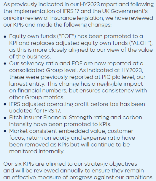 Text outlining changes to KPIs following IFRS 17 and UK insurance legislation review, including updates to EOF, solvency ratios, and adjusted operating profit.