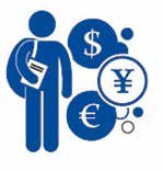 Icon of a person holding a document, surrounded by currency symbols for dollar, euro, and yen, representing international finance.