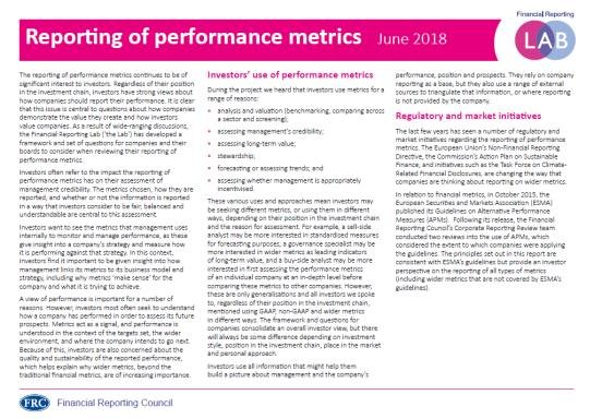 Screenshot of a document page titled "Reporting of performance metrics June 2018", discussing investor use of performance metrics and regulatory initiatives.