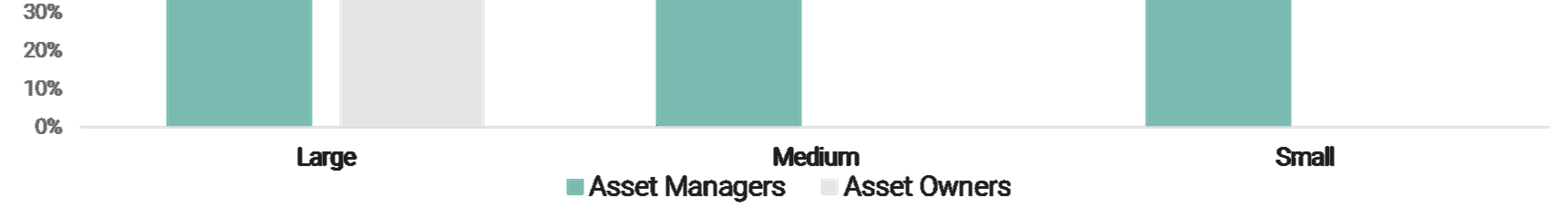 Bar chart comparing percentages of Asset Managers and Asset Owners across Large, Medium, and Small firm sizes. Asset Managers show about 30% across all sizes, while Asset Owners appear negligible except for about 5% in Large firms.