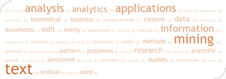 Word cloud illustrating key terms related to information and text mining, with frequencies shown by word size and counts.