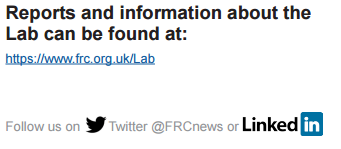 Contact information including a website link, Twitter handle @FRCnews, and LinkedIn for following.
