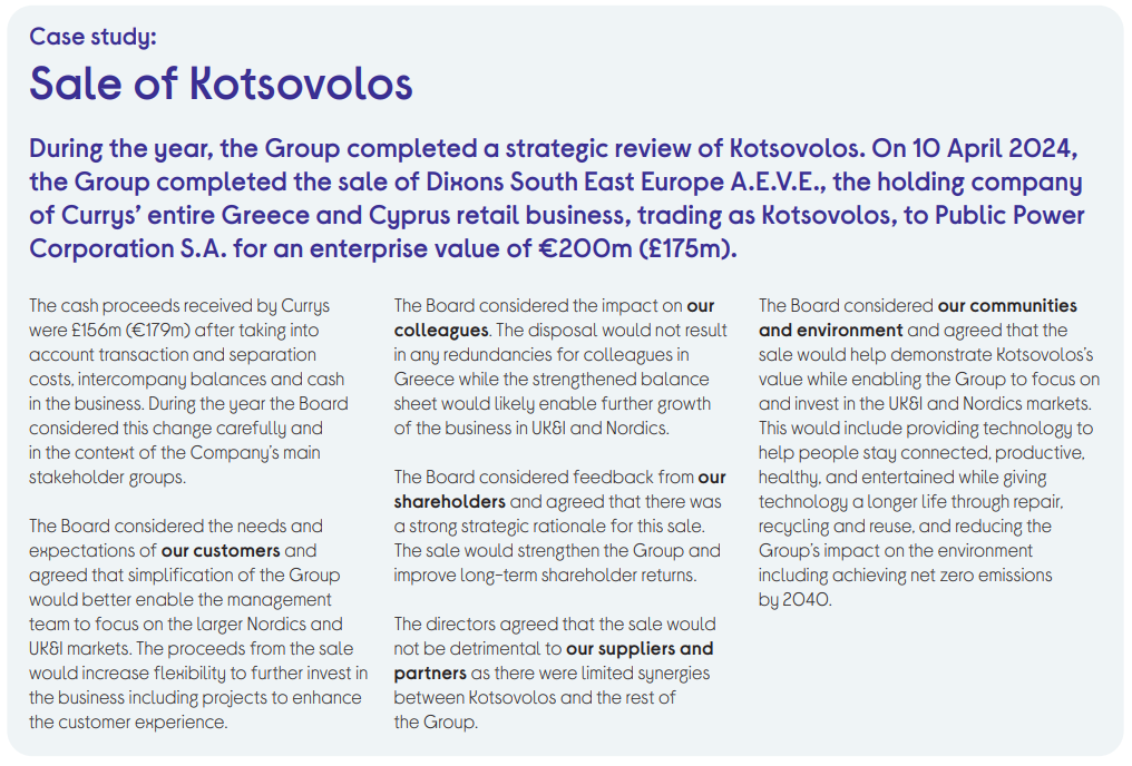 Case study detailing the strategic review and sale of Kotsovolos, including financial and stakeholder considerations