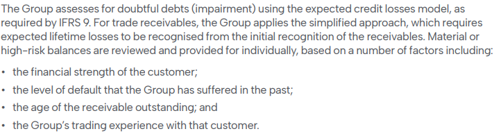 Explanatory text detailing the Group's assessment of doubtful debts using the expected credit losses model under IFRS 9, including factors considered.