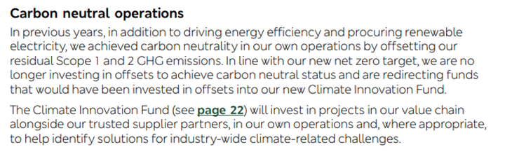 Text discussing carbon neutral operations, the shift from offsetting to investing in a Climate Innovation Fund for projects in the value chain and with suppliers to address climate challenges.