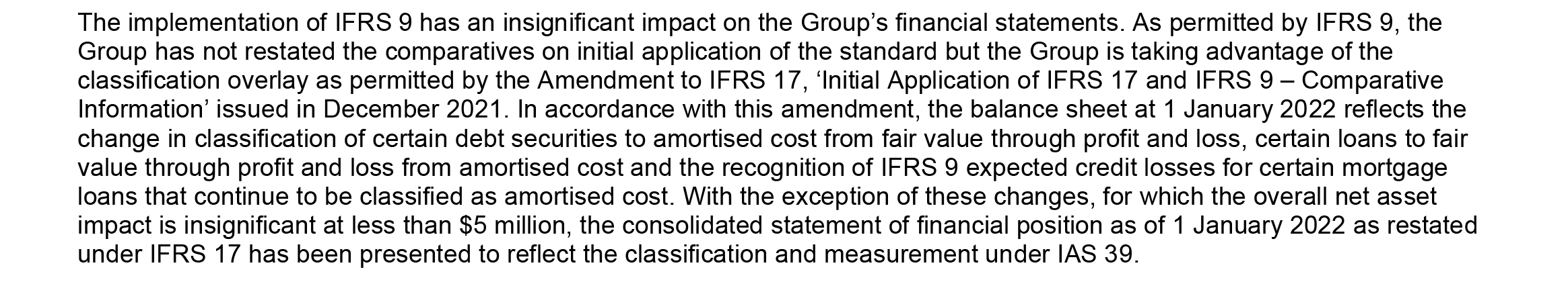 Text describing the impact of IFRS 9 implementation on financial statements and classification overlay.