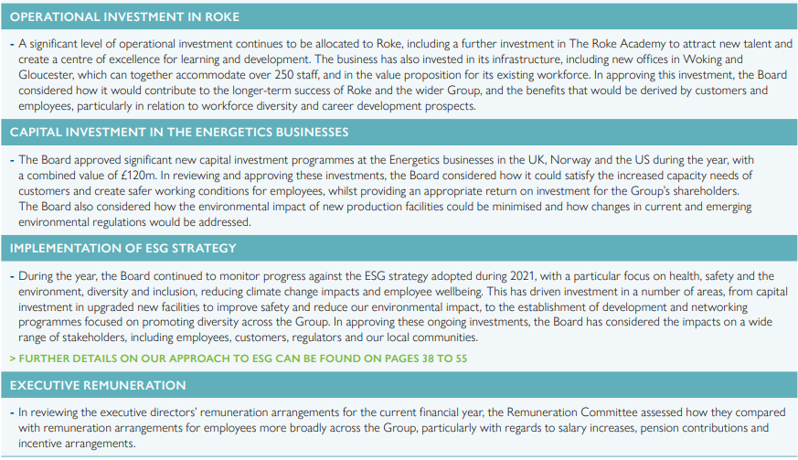 Overview of key investments in Roke and Energetics businesses, ESG strategy implementation, and executive remuneration