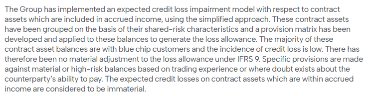 Explanatory text on the Group's implementation of an expected credit loss impairment model for contract assets using a simplified approach under IFRS 9.