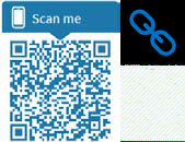 Blue QR code with a "Scan me" icon, indicating scannable information or a link.