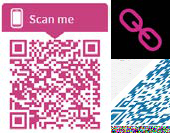 Pink QR code with a "Scan me" icon, indicating scannable information or a link.