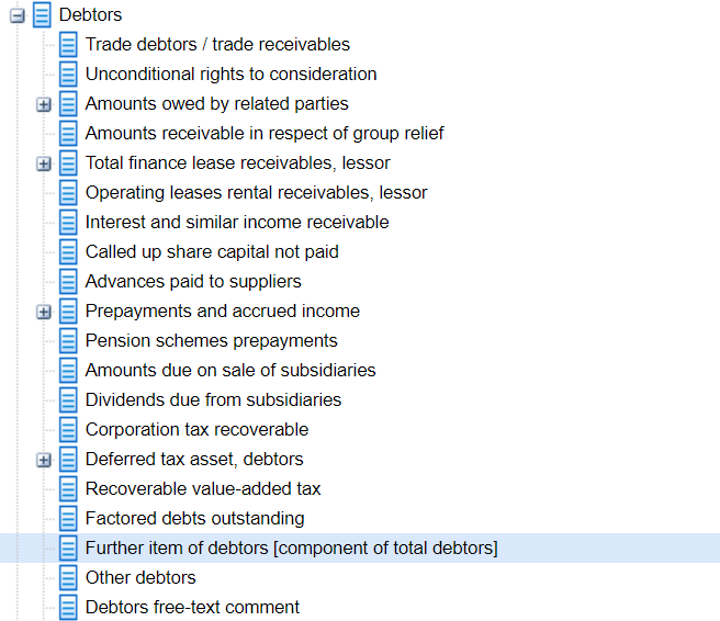 Hierarchical breakdown of 'Debtors' financial categories, including trade debtors, amounts receivable from related parties, lease receivables, prepayments, deferred tax assets, and other specific debtor types.
