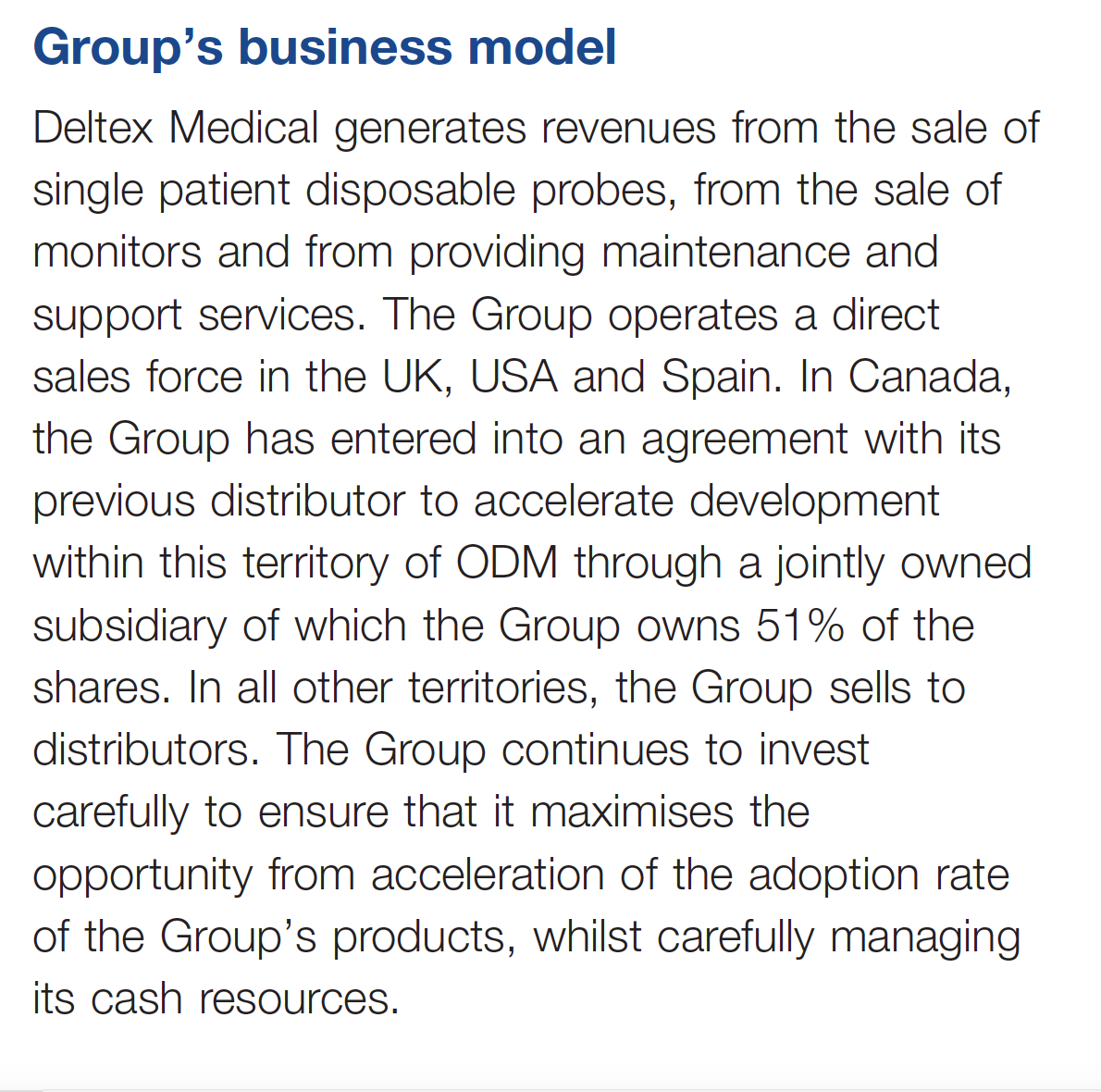 Screenshot of text describing Deltex Medical's business model, revenue generation, and sales territories.