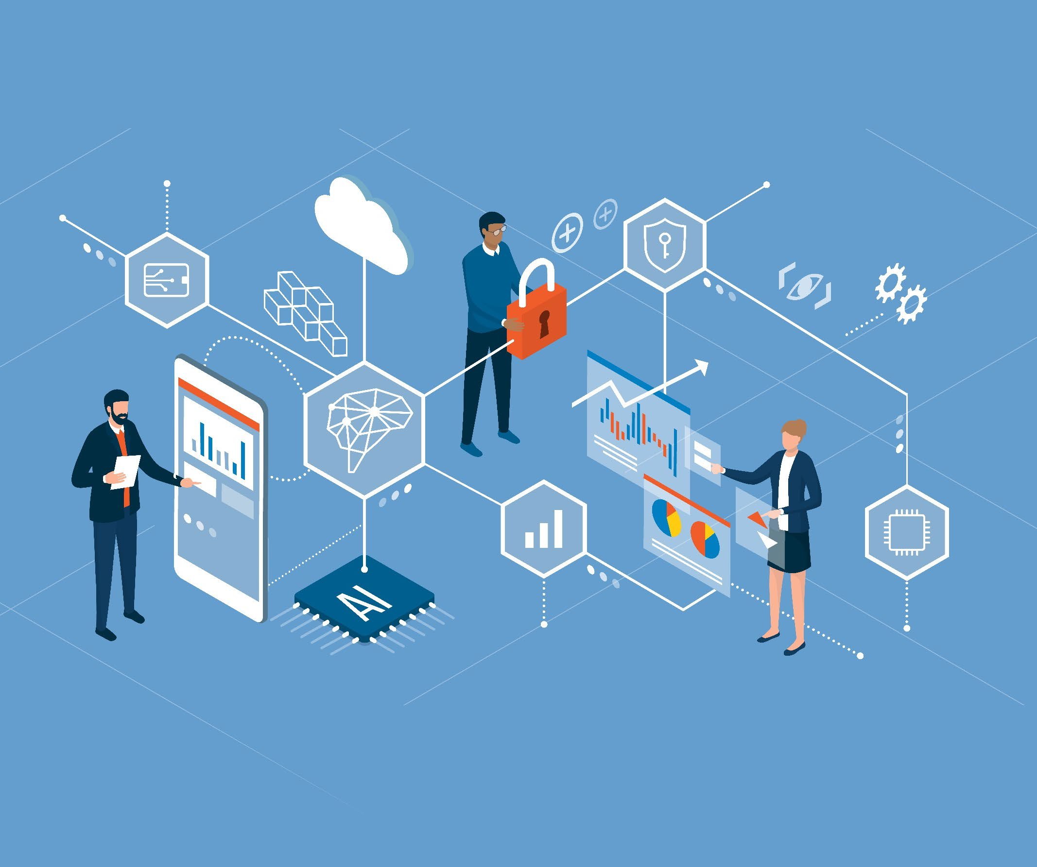 Infographic depicting a network of digital concepts like AI, cloud, mobile data, security, and data visualization, with people interacting.