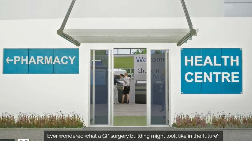 Conceptual rendering of a modern health centre building exterior with "PHARMACY" and "HEALTH CENTRE" signs