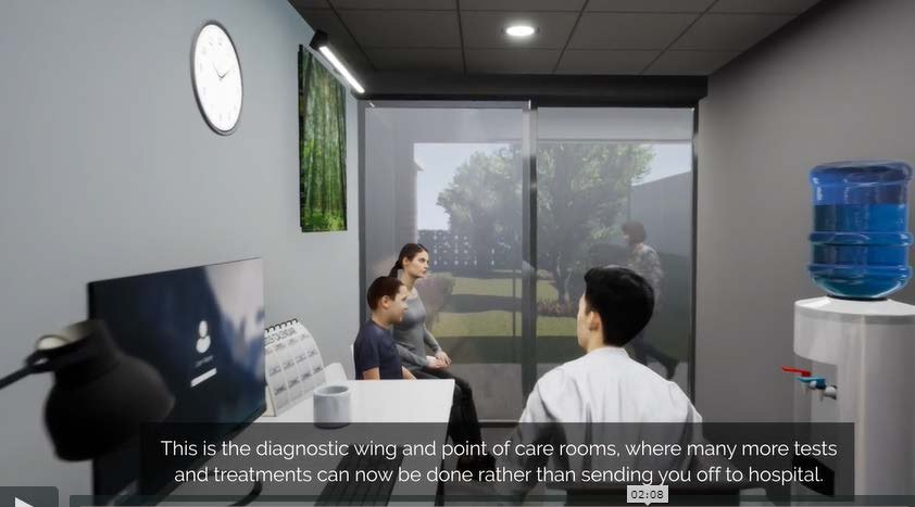 Interior of a diagnostic or consultation room in a health centre with a patient and medical professional
