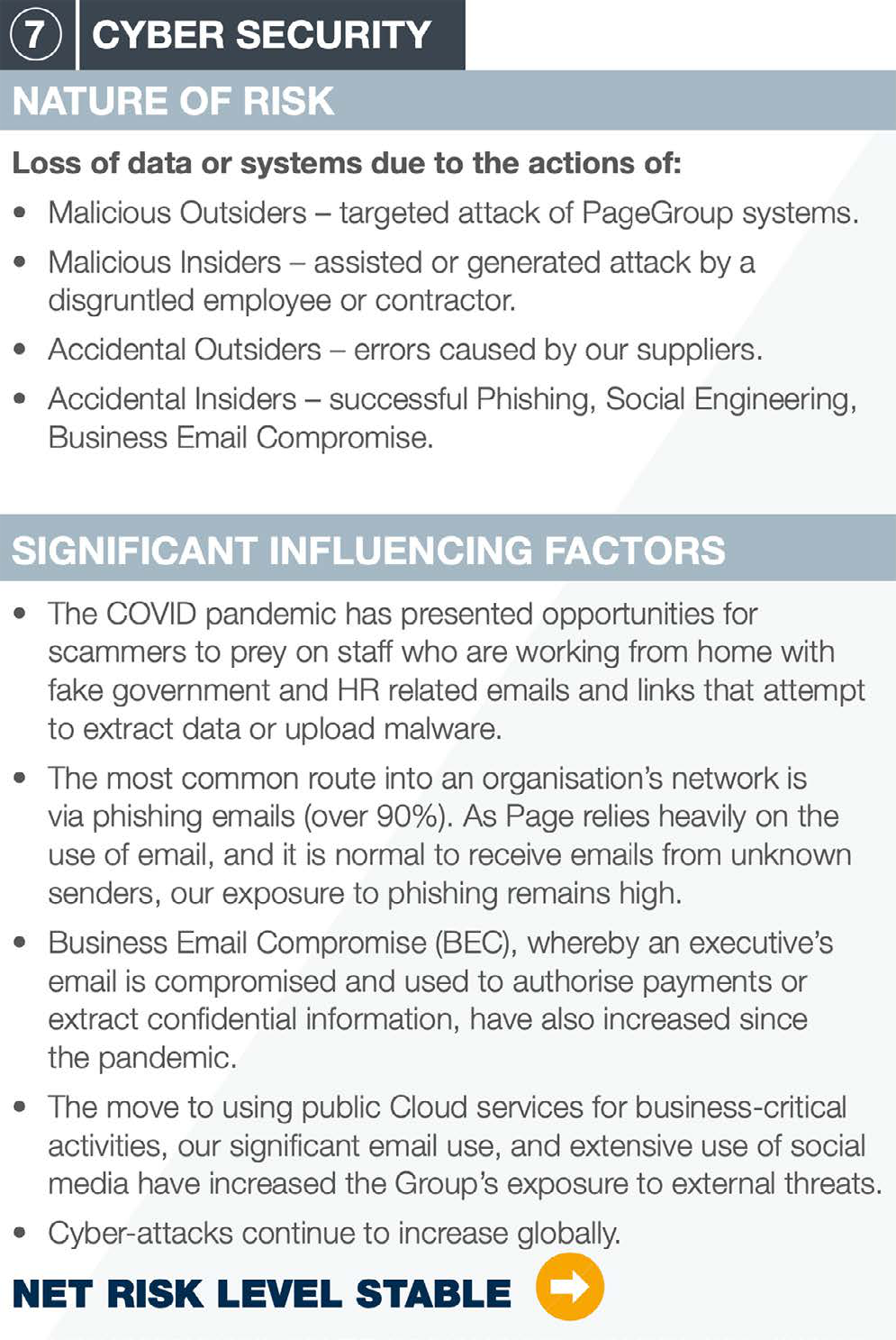 Information on cyber security, outlining the nature of risk, significant influencing factors, and a stable net risk level with an arrow icon.