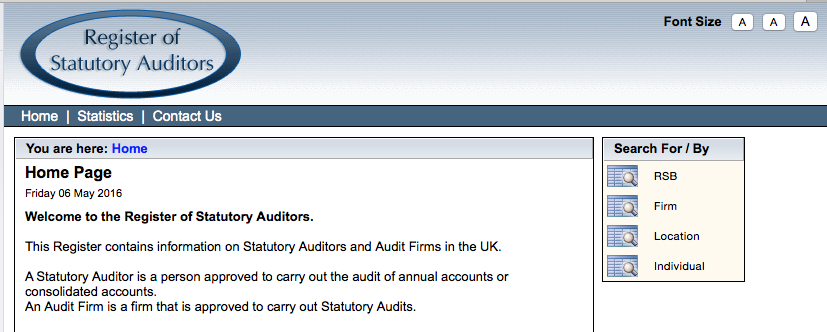 Screenshot of the Register of Statutory Auditors website homepage, displaying navigation, font size options, welcome text, and search filters for RSB, Firm, Location, or Individual.