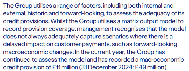 Paragraph discussing the Group's assessment of credit provisions, including a macroeconomic credit provision of £11 million for 2025.