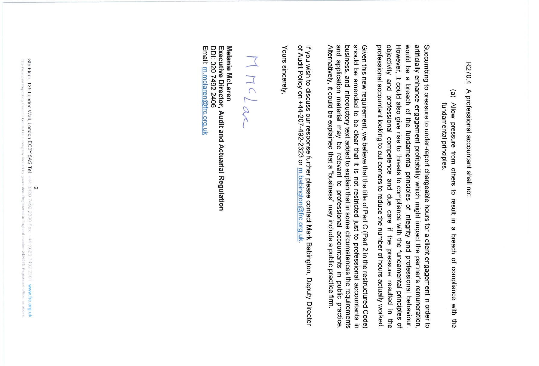 Second page of the FRC letter, concluding the discussion and including Melanie McLaren's signature and contact details.