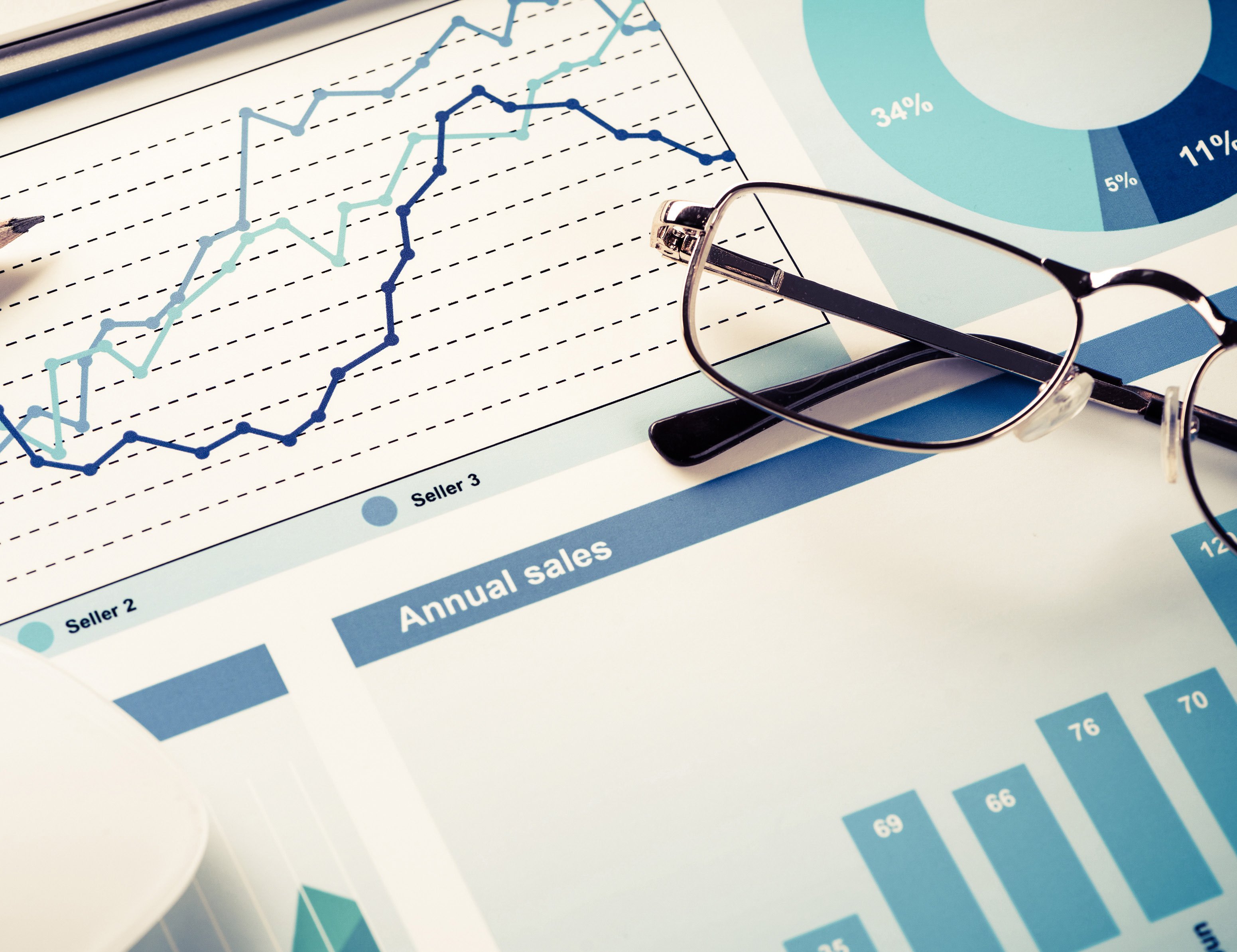 Financial documents displaying sales data, line graphs, a pie chart, and bar charts, with reading glasses.