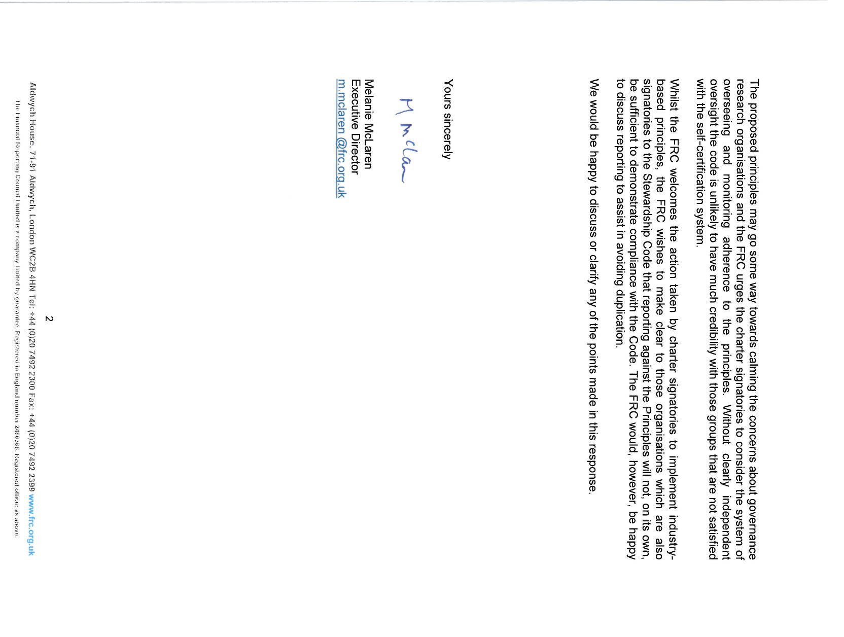 Closing of a letter with a handwritten signature by Melanie McLaren, Executive Director.