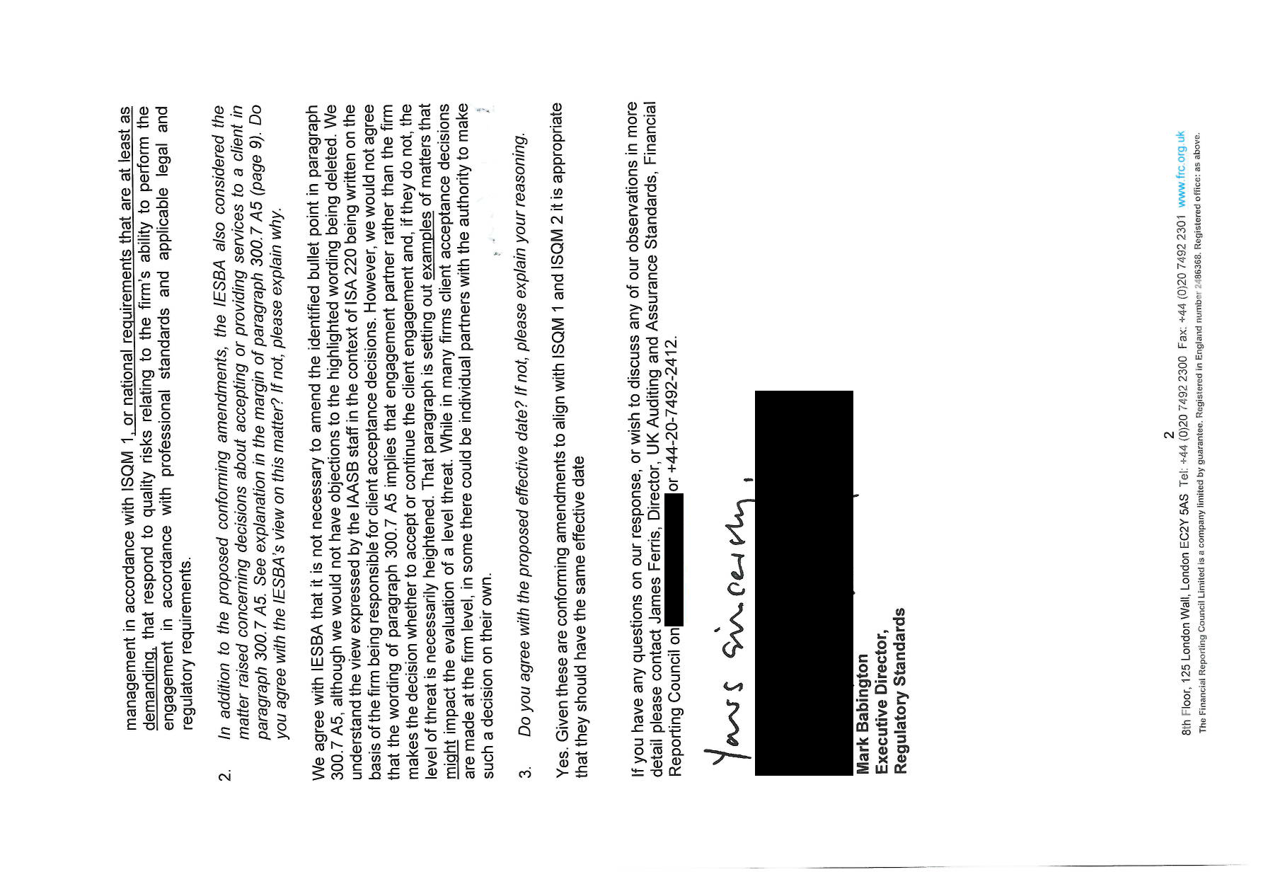Letter scan showing a handwritten signature and typed name of Mark Babington, Executive Director, along with Financial Reporting Council branding and contact details.