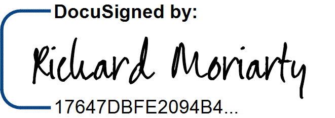 Digital signature verifying "DocuSigned by: Richard Moriarty" with a unique alphanumeric code.