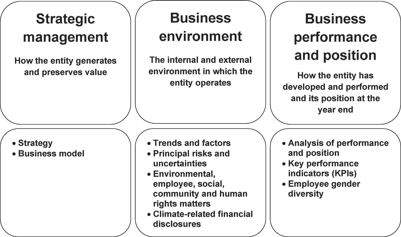 Diagram outlining strategic management, business environment, and business performance, detailing how an entity generates value, operates, and performs, including key elements for each.