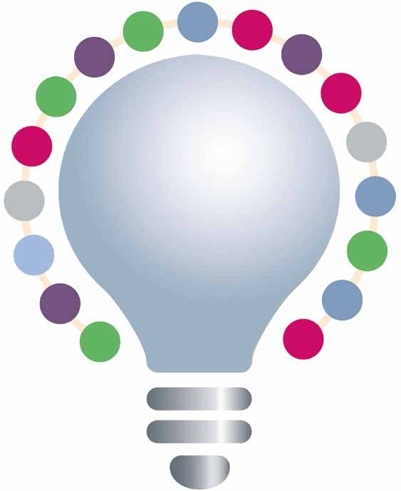 Infographic of a lightbulb surrounded by a ring of colorful dots, representing an idea or central concept with multiple facets.