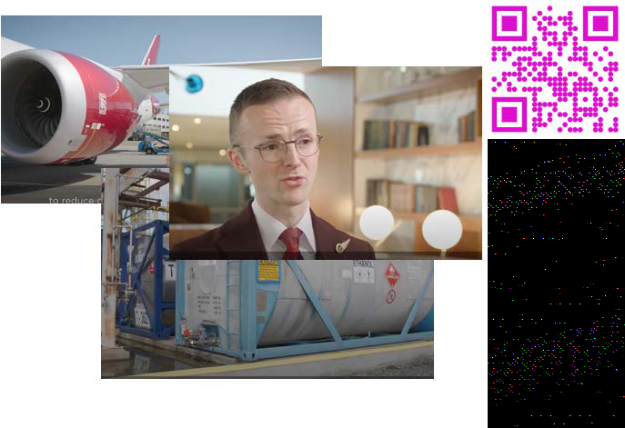 Collage featuring an airplane engine, a man speaking, an industrial tank, and a pink QR code, likely from a video