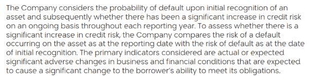 Paragraph explaining the Company's process for assessing the probability of default and increases in credit risk on assets.
