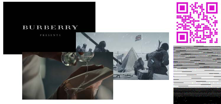 Collage of images including a "BURBERRY PRESENTS" title card, a snowy historical scene, liquid being poured, and a pink QR code