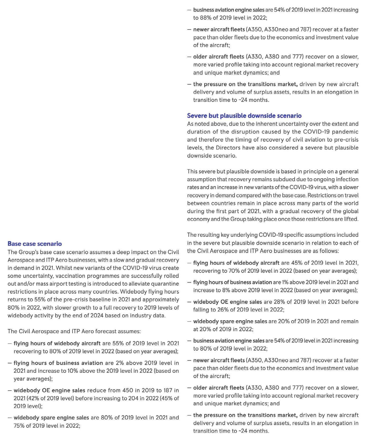 Text detailing base case and severe downside scenarios for Civil Aerospace and ITP Aero businesses, including forecasts for widebody aircraft flying hours, business aviation, and engine sales.