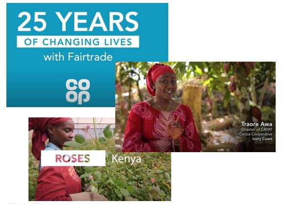 Collage promoting '25 Years of Changing Lives with Fairtrade' by Co-op, showing Traore Awa from Ivory Coast cocoa cooperative and a woman working with roses in Kenya