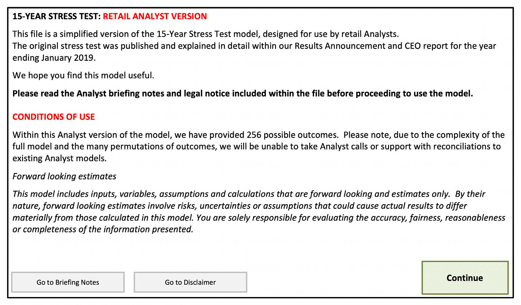Introductory screen for the 15-Year Stress Test Retail Analyst Version, detailing conditions of use, forward-looking estimates, and options for briefing notes, disclaimer, and continuing.